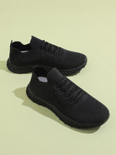 Load image into Gallery viewer, Black Lace up Front Knit Slip on Sneakers